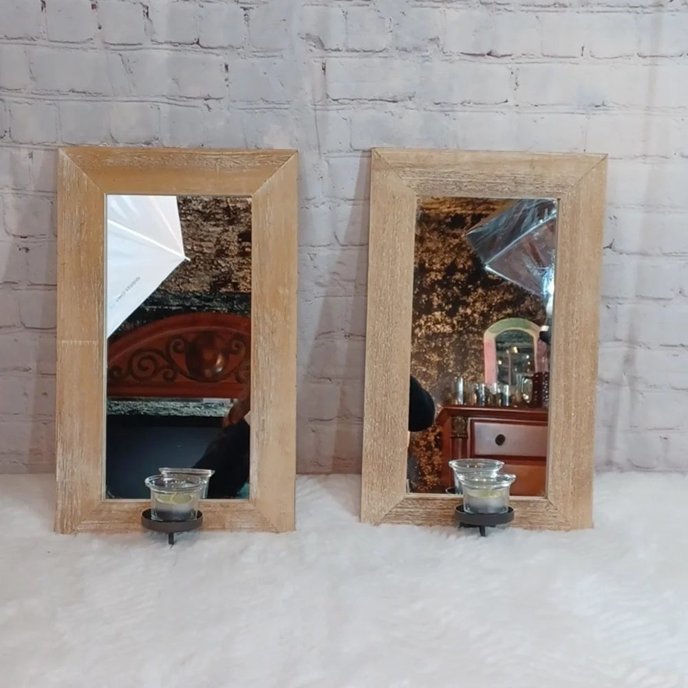 Pair Of Light Wood Mirrored Candle Holders Votive Included 18L x 10.5 W